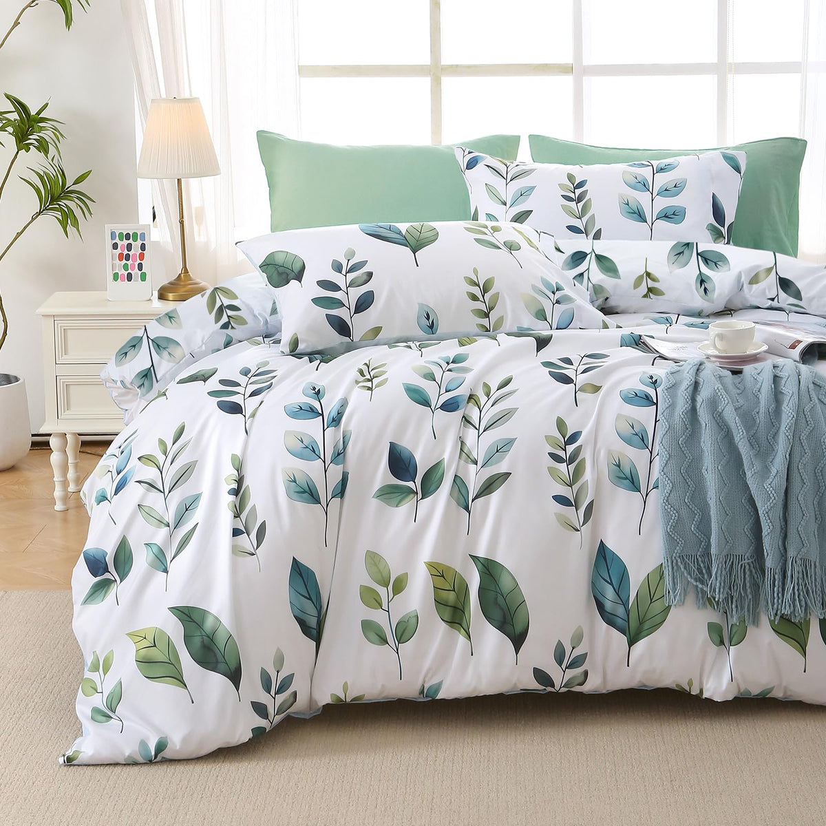 MUXHOMO Queen Comforter Set, 7-Piece Floral Bed in a Bag, Sage Green