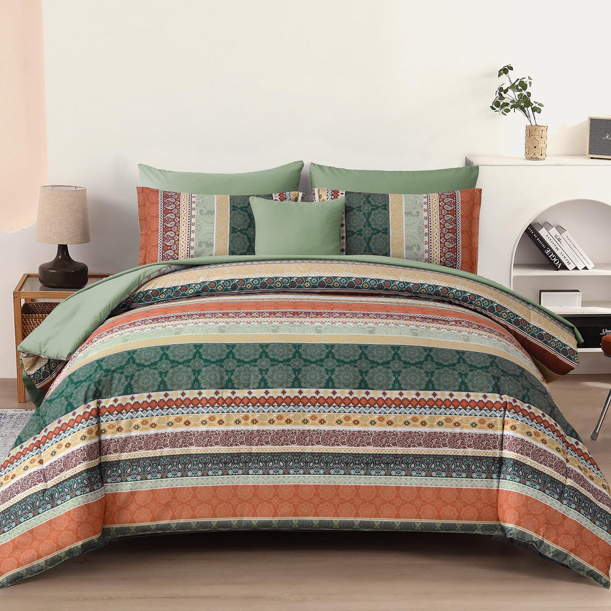 Cottolester Boho Comforter Set Queen Size 8 Piece Bed in a Bag Bohemian Striped Bedding Quilt Set Aqua Paisley Floral Comforter and Sheet Set,Soft Microfiber Complete Bedding Sets for All Season