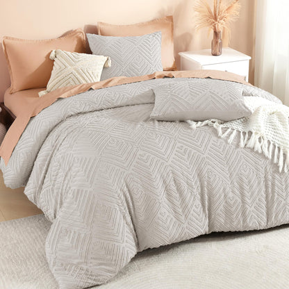 Litanika King Size Comforter Set, 3 Pieces Beige Tufted Boho Bedding Set