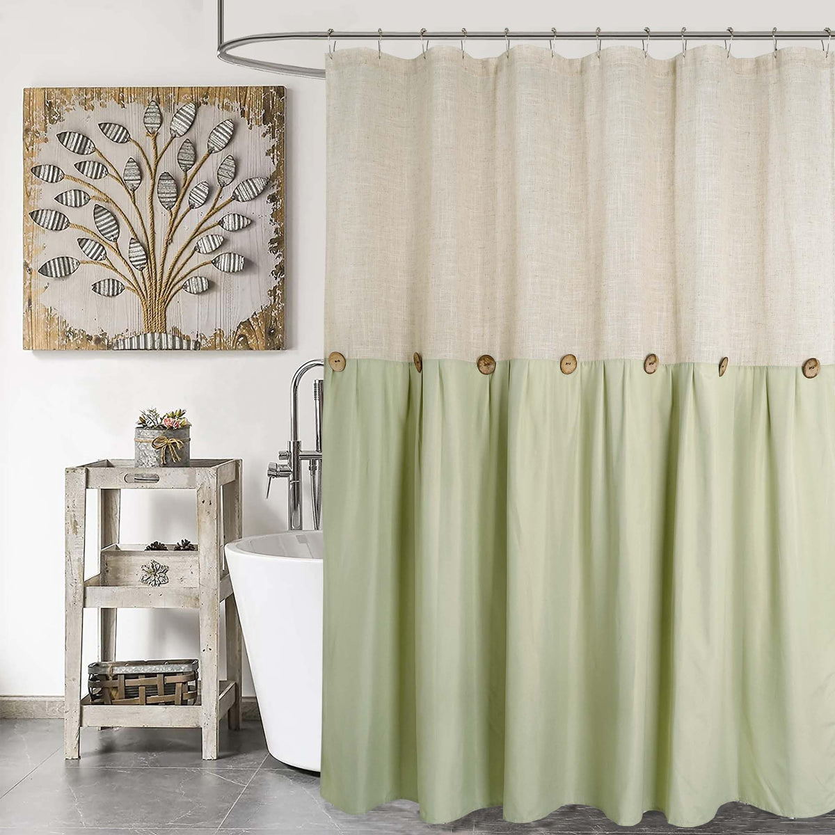 DOSLY IDÉES Farmhouse Shower Curtain,Beige and Gray Stripe,Button Curtain,Linen and Cotton Woven Fabric,Rustic Charm Country Chic Style,72x72 in