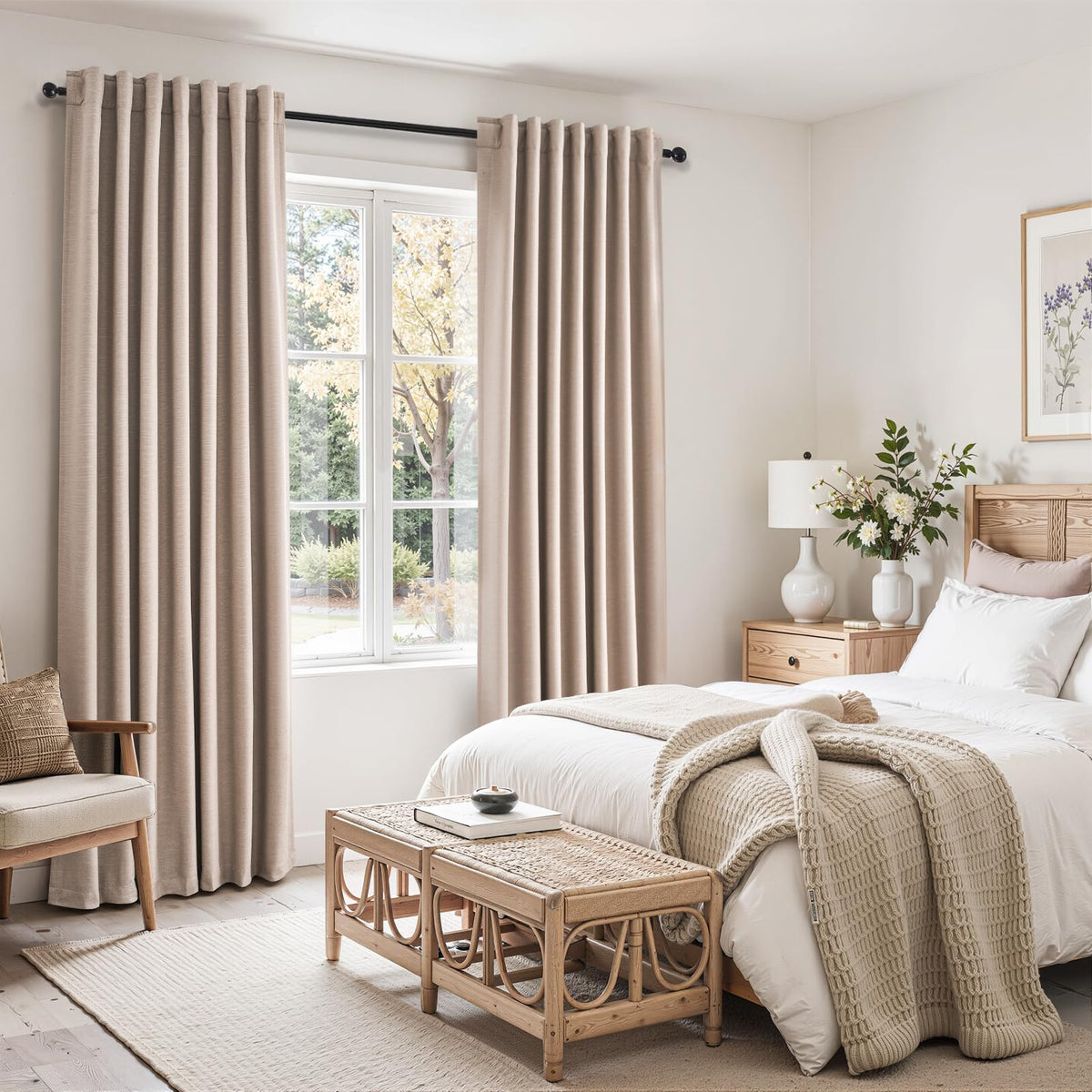Topfinel Cream Linen Blackout Curtains 84 Inch Long for Bedroom Living Room, Ivory Pinch Pleat Back Tab Full Blackout Drapes Farmhouse Boho Curtains for Window, White Neutral Curtains 52" X 84" 7 FT