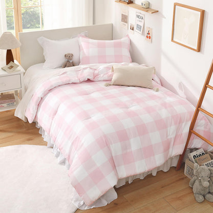 Andency Tan Gingham Comforter Set Twin, Brown Checkered Grid Plaid Bedding