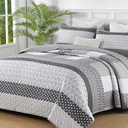 WONGS BEDDING Grey Queen Size Quilt Set, Boho Striped Bedspread