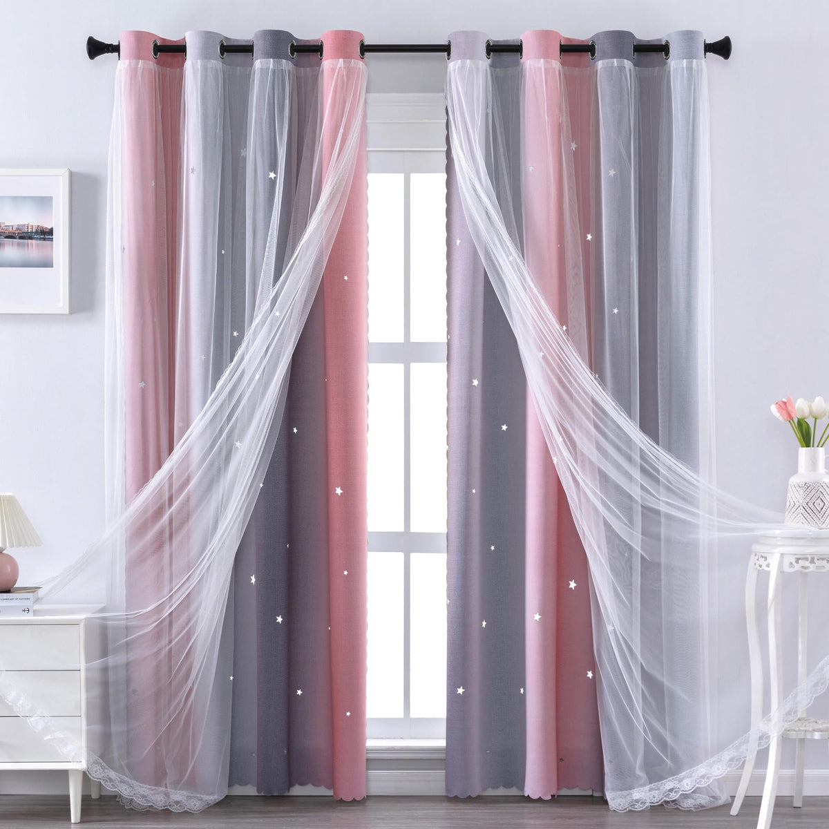 XiDi Blackout Curtains for Girls Bedroom Decor Pink Kids Rainbow Curtains