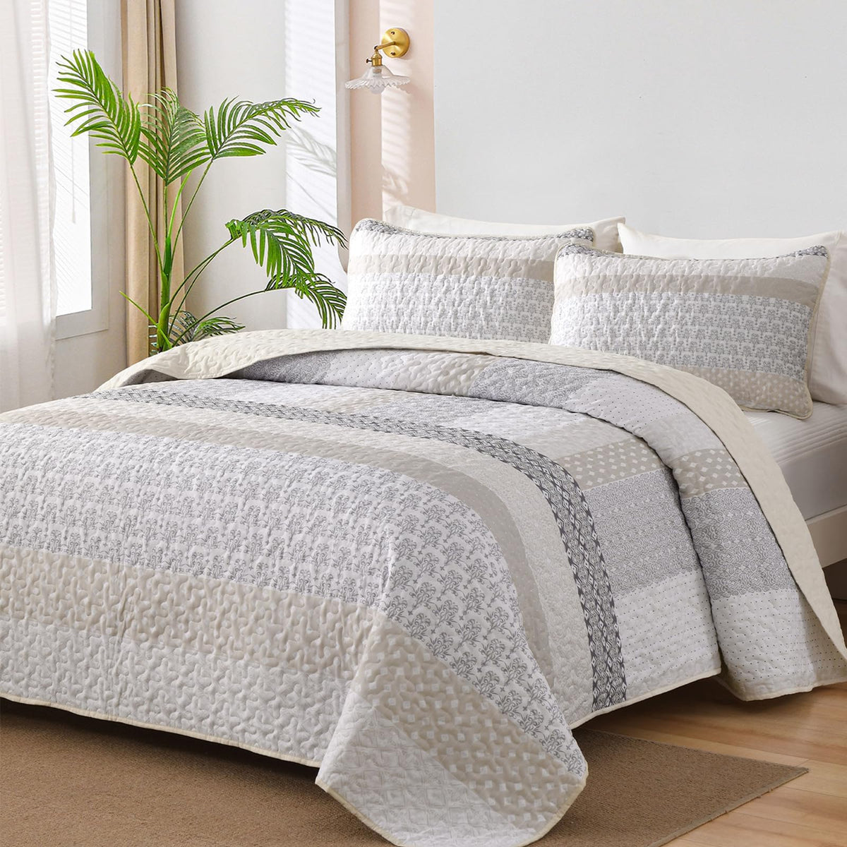 WONGS BEDDING Grey Queen Size Quilt Set, Boho Striped Bedspread