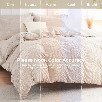 Queen Comforter Set - 7PCS Bed in a Bag, Seersucker Bedding Set, Beige