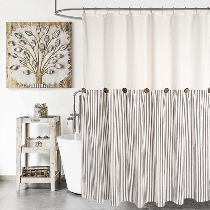 DOSLY IDÉES Farmhouse Shower Curtain,Beige and Gray Stripe,Button Curtain,Linen and Cotton Woven Fabric,Rustic Charm Country Chic Style,72x72 in