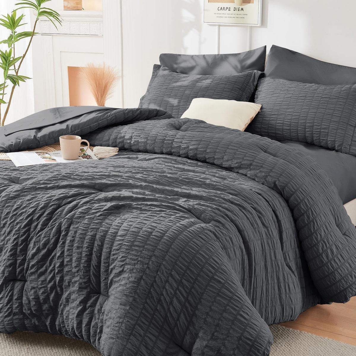 Queen Comforter Set - 7PCS Bed in a Bag, Seersucker Bedding Set, Dark Grey