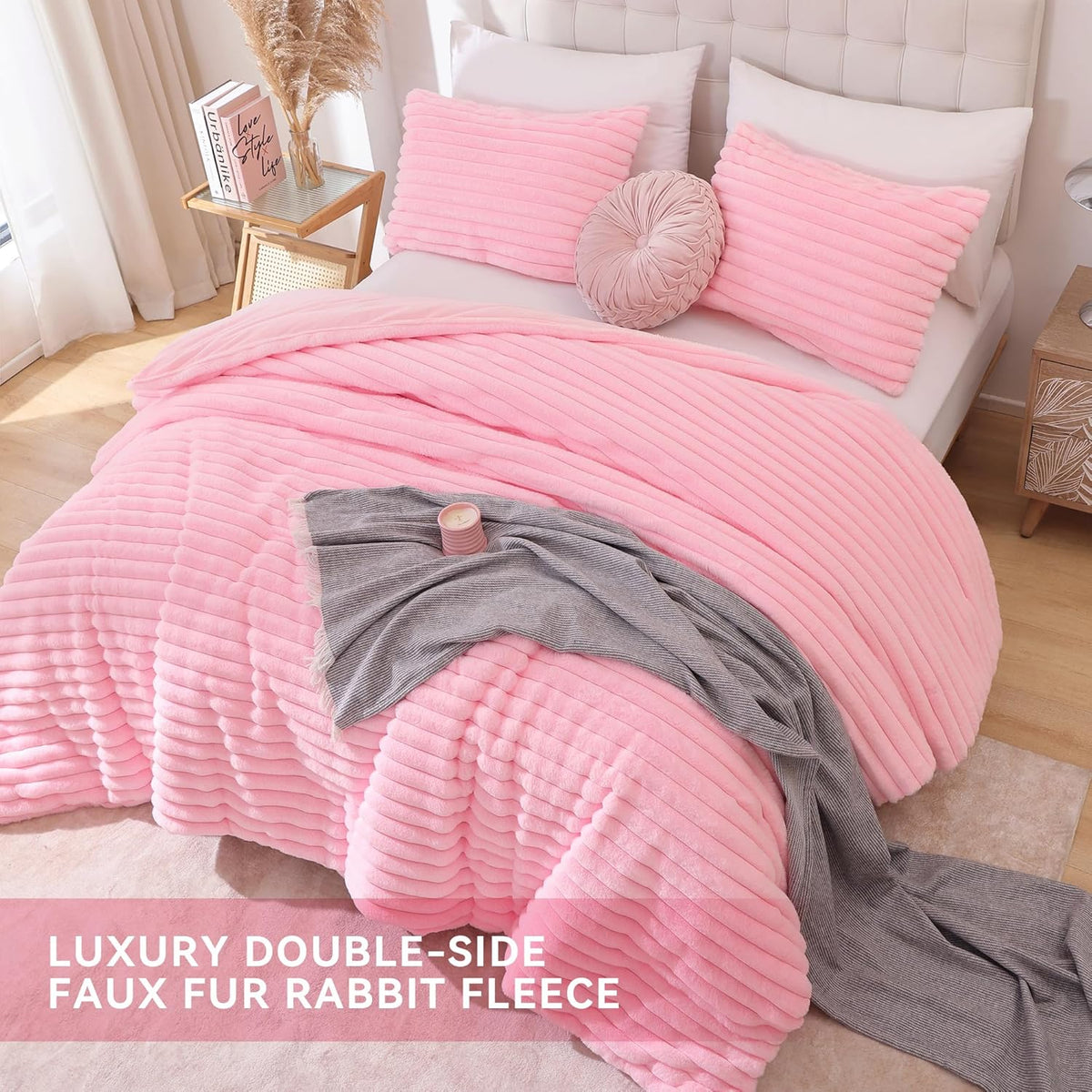 Smoofy Fluffy Queen Size Comforter 3 PCS - Pink Fleece Bedding Set
