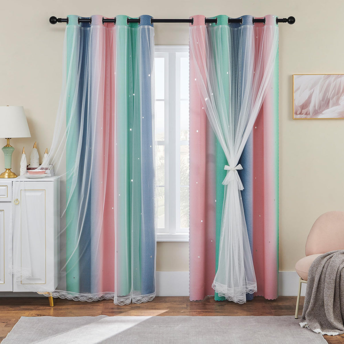 XiDi Blackout Curtains for Girls Bedroom Decor Pink Kids Rainbow Curtains