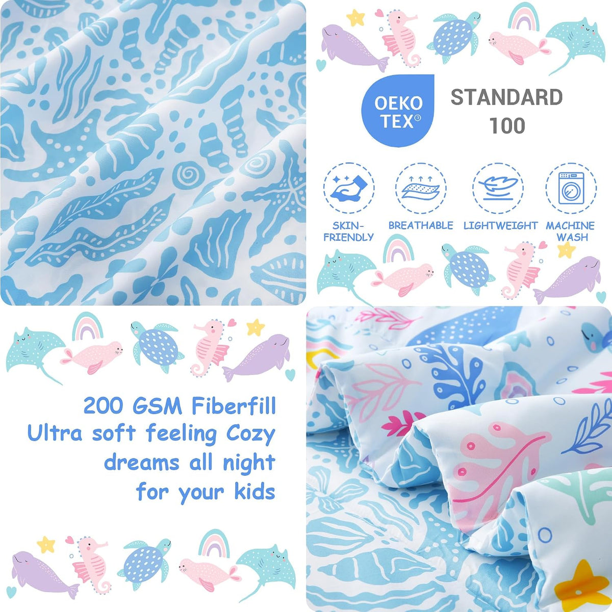 Mooreeke Toddler Bedding Sets for Girls,4 Pieces Blue Ocean Animals Printed