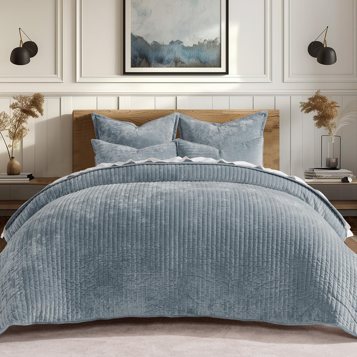 EverGrace Stripe Channel Luxury Velvet Quilt Set King Size, Beige Taupe