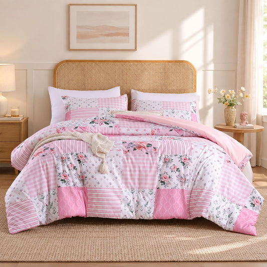 YIKUSH Pink Floral Full Comforter Set, Soft Lightweight All Season Bedding Set for Women Girls, Cozy Cottagecore Botanical Comforter Full Size with 2 Pillow Shams, Breathable Floral Bed Set