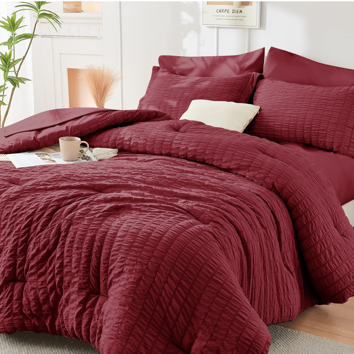 Queen Comforter Set - 7PCS Bed in a Bag, Seersucker Bedding Set, Dark Grey