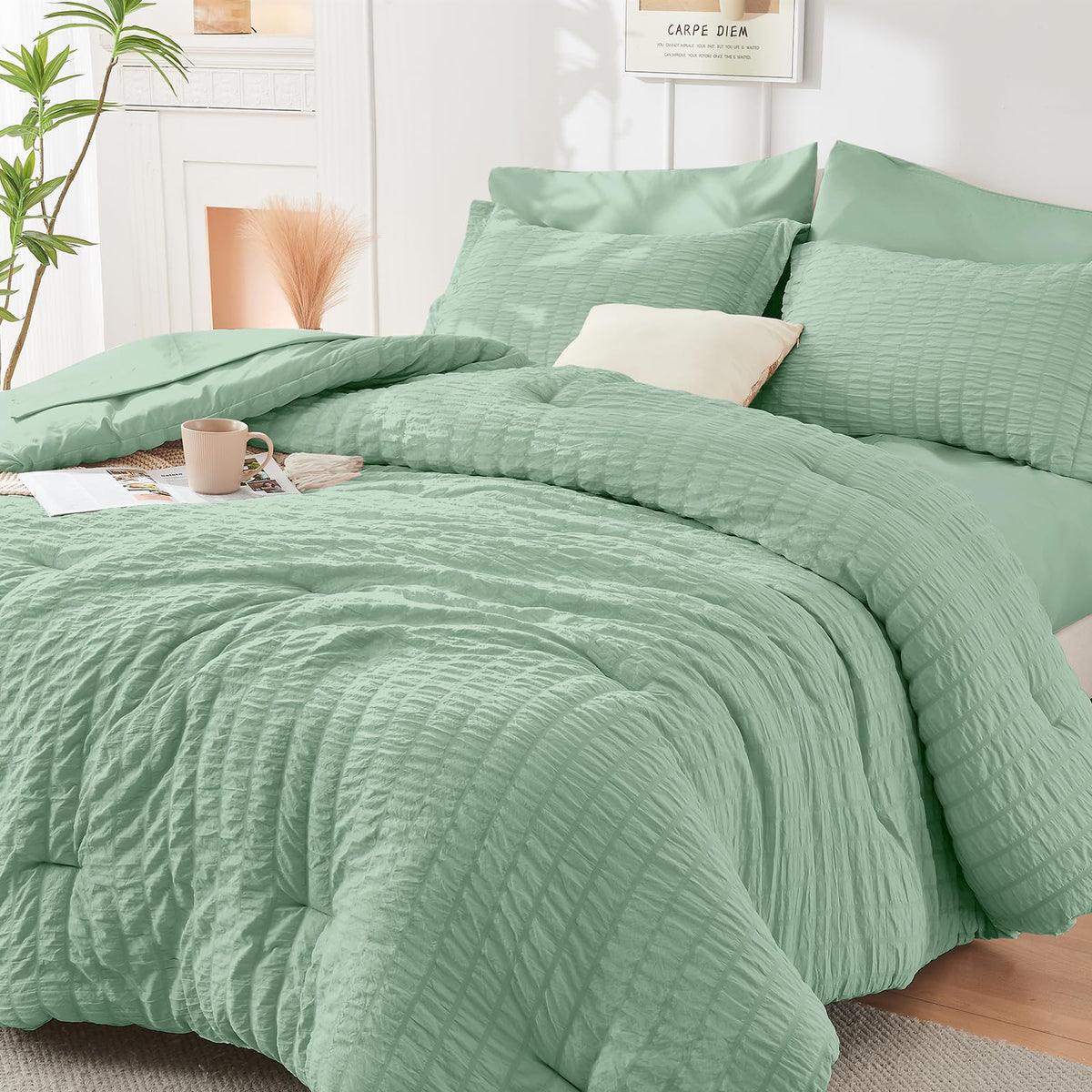 Full Comforter Set - 7PCS Bed in a Bag, Seersucker Bedding Set, Dark Grey