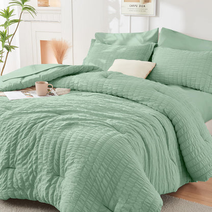 Full Comforter Set - 7PCS Bed in a Bag, Seersucker Bedding Set, Dark Grey