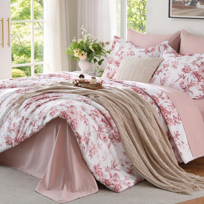 MUXHOMO Queen Comforter Set, 7-Piece Floral Bed in a Bag, Sage Green