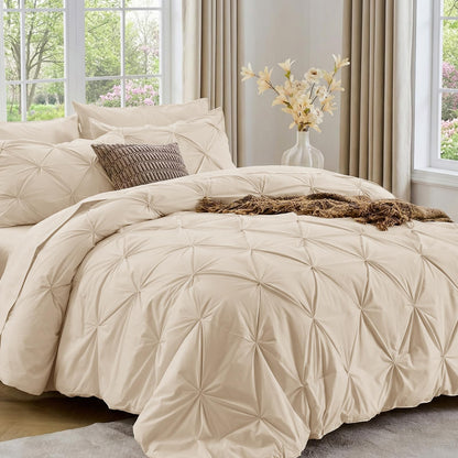 Sasttie Full Size Comforter Set, 7-Piece Bed in a Bag Double, Pintuck Bedding Set for All Season, Includes Comforter, Flat Sheet, Fitted Sheet, Pillowcases and Pillowshams, Beige