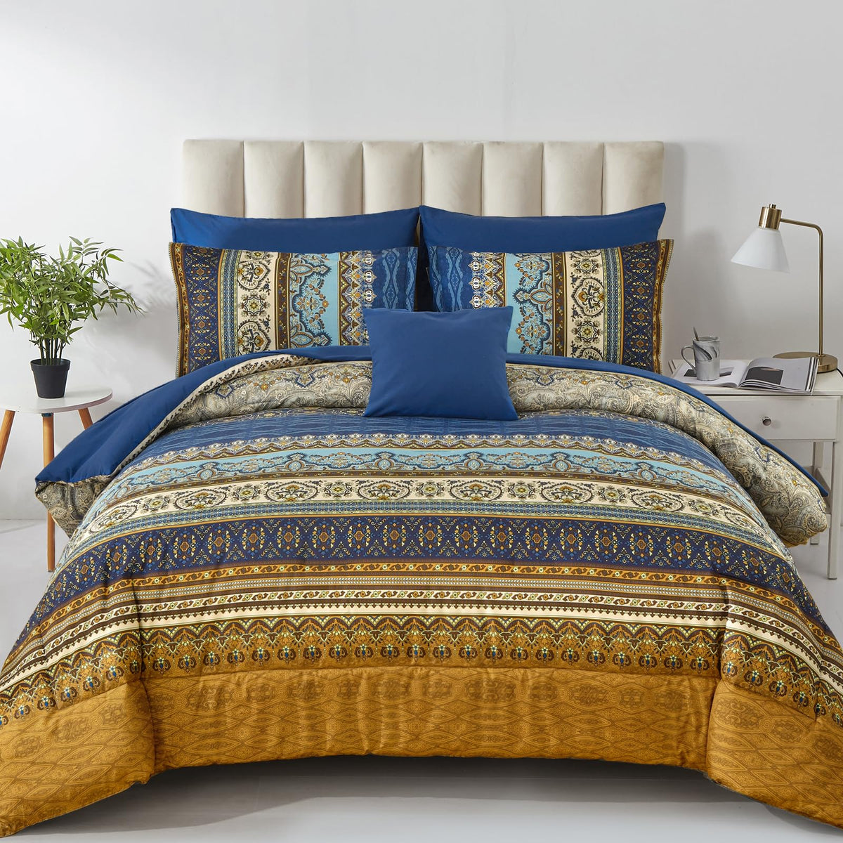 Cottolester Boho Comforter Set Queen Size 8 Piece Bed in a Bag Bohemian Striped Bedding Quilt Set Aqua Paisley Floral Comforter and Sheet Set,Soft Microfiber Complete Bedding Sets for All Season