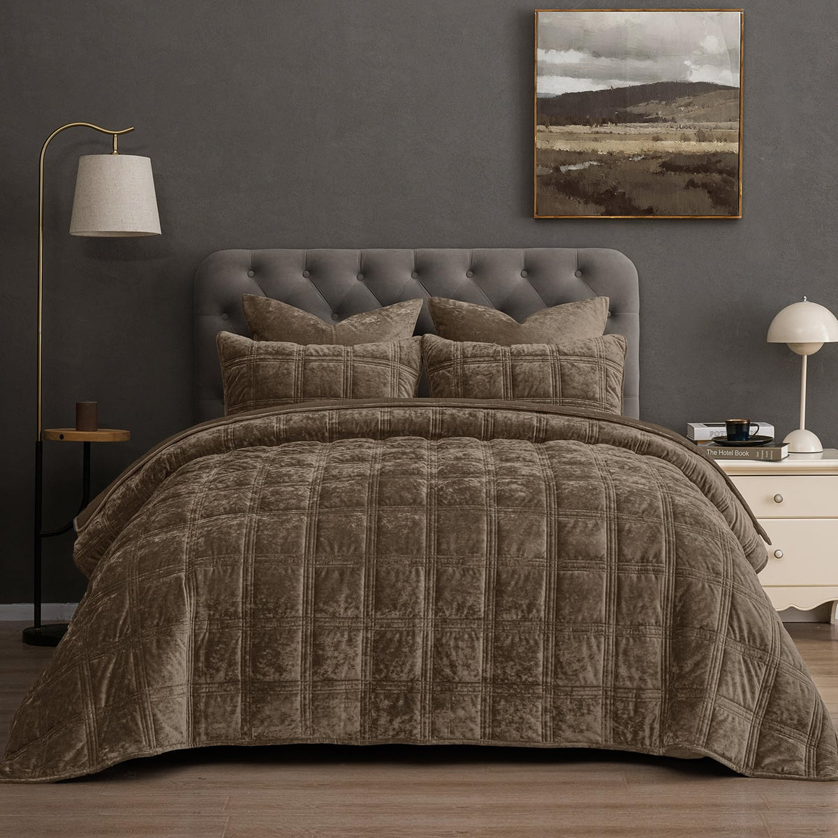 PHF Diamond Pattern Luxury Velvet Quilt Set Queen Size, Sand