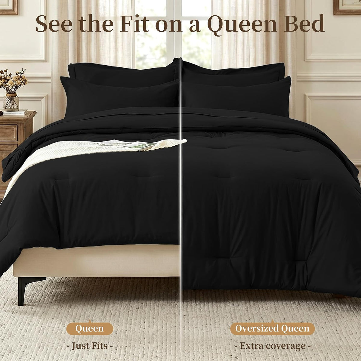 Queen Comforter Set 7 Piece - Black Soft Bed in a Bag Queen Size Comforter Sets, Lightweight Bedding Sets with Down Alternative Comforter, Flat Sheet, Fitted Sheet, 2 Pillowcases & 2 Shams