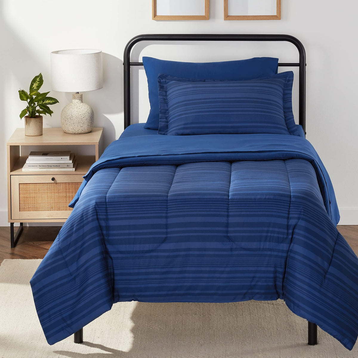 Amazon Basics Full/Queen Comforter Set with Sheets, 7-Piece Blue Stripe Bedding, Lightweight Microfiber Bed-in-a-Bag, Striped