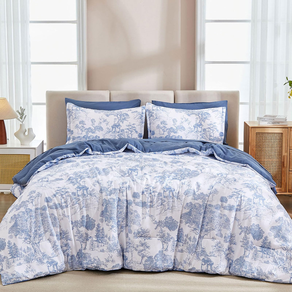 DJY Blue Comforter Set King, 7 Pieces Bed in a Bag King Size Botanical Comforters with Sheets Elegant Plants Print Soft Microfiber Reversible Complete Bedding Sets for All Season