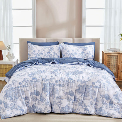 DJY Blue Comforter Set King, 7 Pieces Bed in a Bag King Size Botanical Comforters with Sheets Elegant Plants Print Soft Microfiber Reversible Complete Bedding Sets for All Season