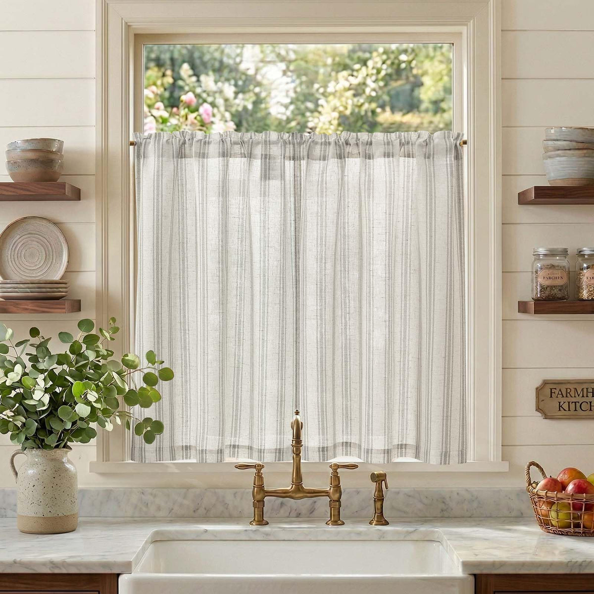jinchan Linen Striped Tier Curtains for Kitchen Windows Green 26 x 24 inch