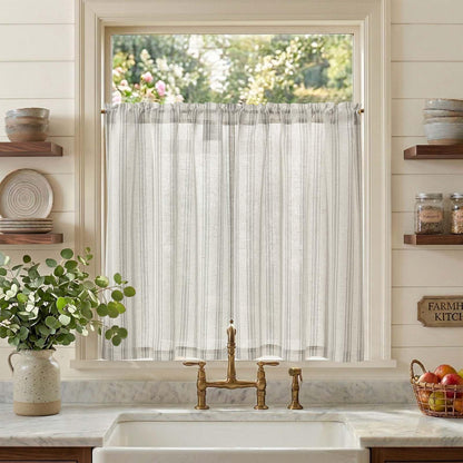 jinchan Linen Striped Tier Curtains for Kitchen Windows Green 26 x 24 inch