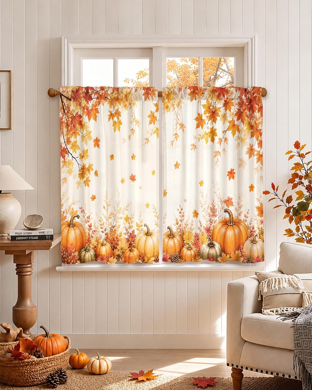 Miss Adola 36 Inch Length Kitchen Tier Curtains Pumpkin Leaf Cafe Curtains