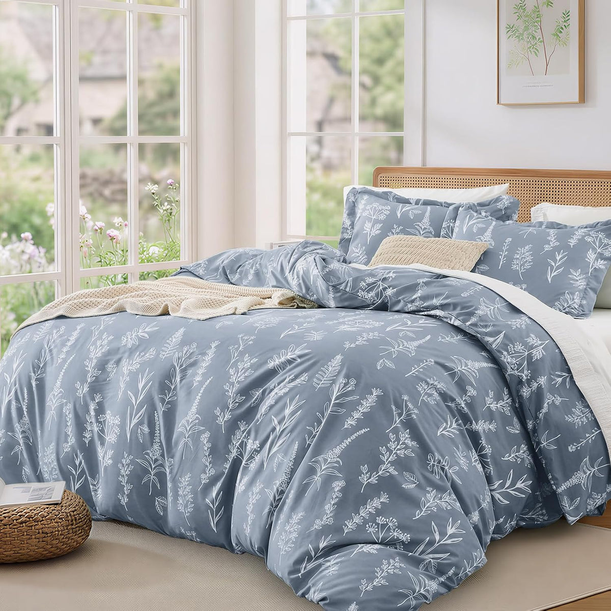 MUXHOMO Duvet Cover King Size, 3-Piece Floral Grey-Blue Bedding Set