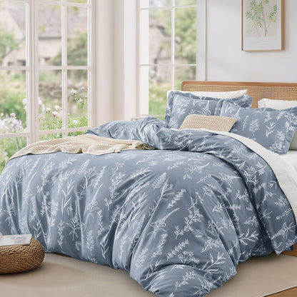 MUXHOMO Duvet Cover King Size, 3-Piece Floral Grey-Blue Bedding Set