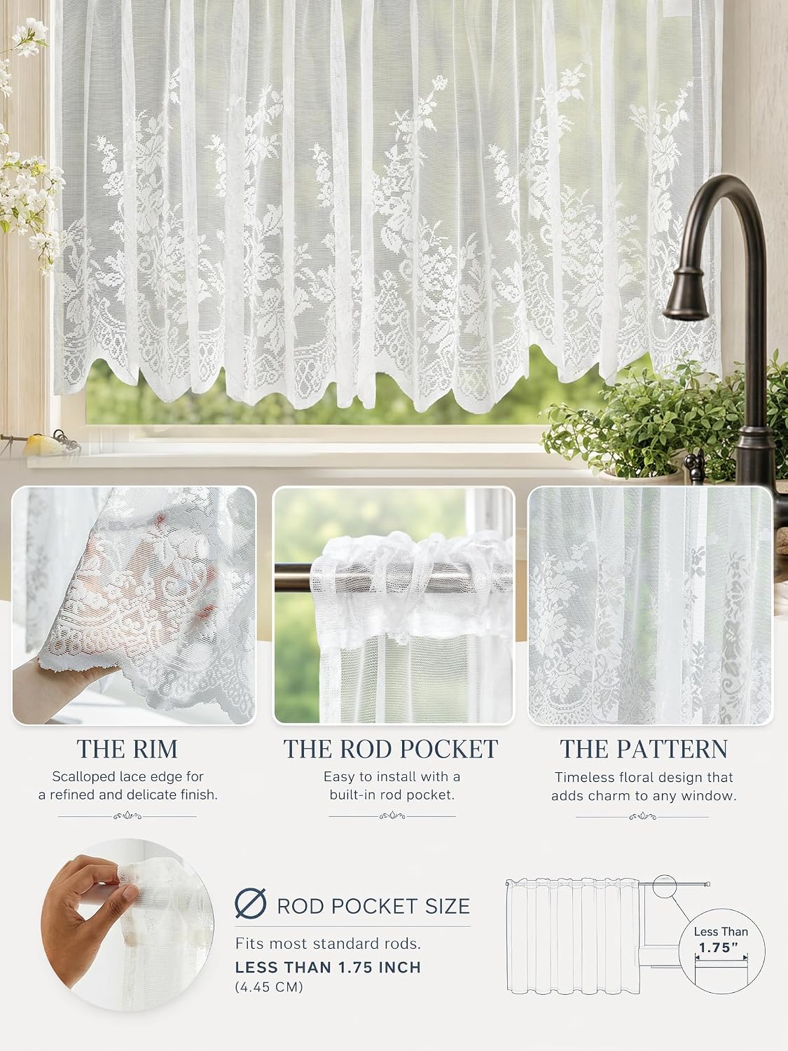 Molaxhome White Lace Valances for Windows Floral Lace Semi Sheer Curtain