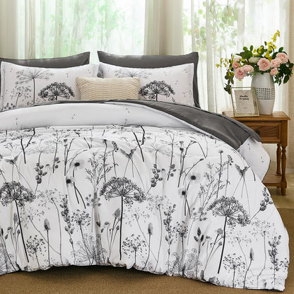 Yiran Queen Comforter Set, 7 Piece Floral Dark Green Dandelion Bed in a Bag