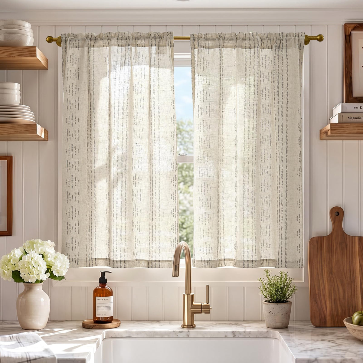 jinchan Linen Striped Tier Curtains for Kitchen Windows Green 26 x 24 inch