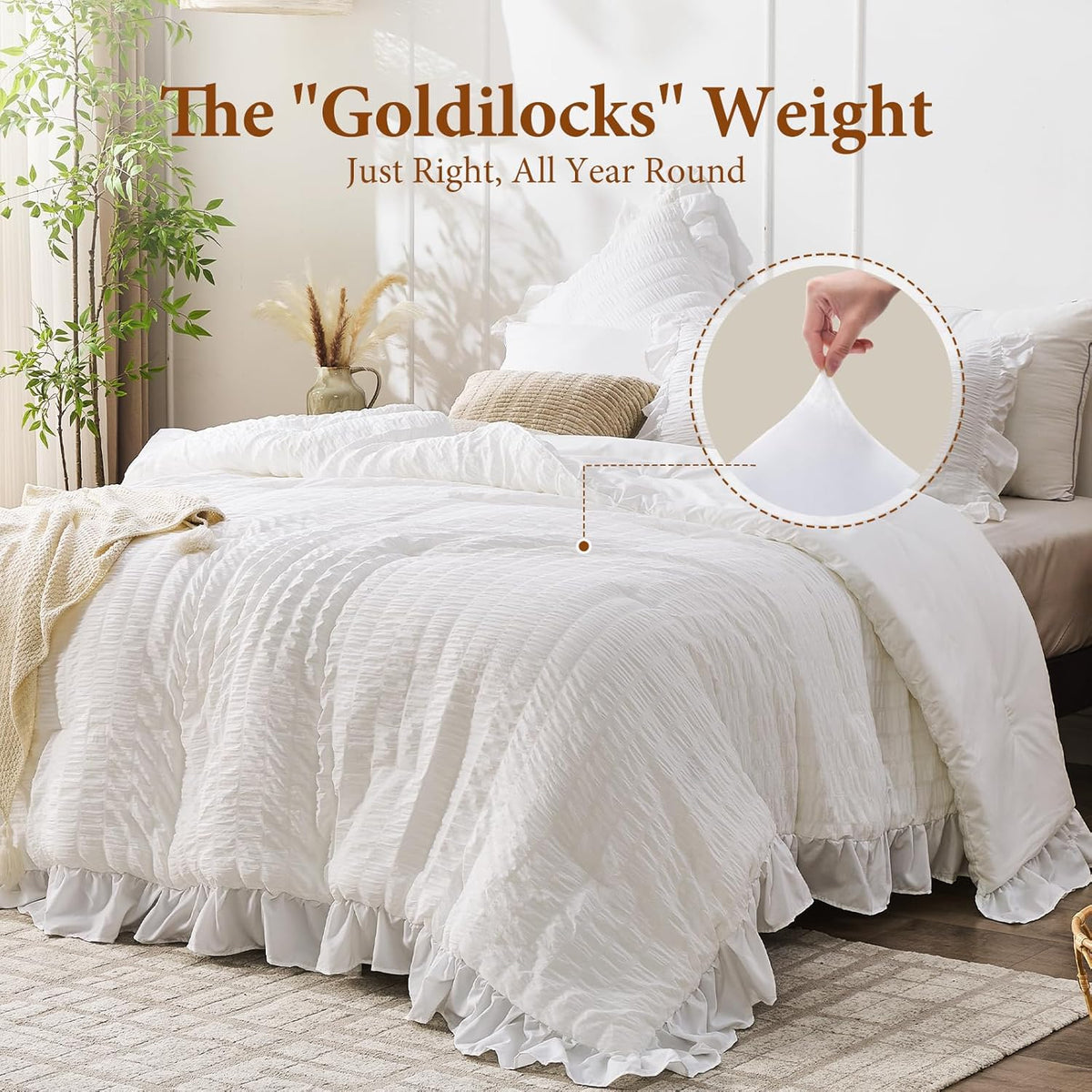 JOLLYVOGUE White Comforters Queen Size, 3 Pieces Ruffle Seersucker Queen Comforter Set for All Season, Lightweight Soft Shabby Chic Bedding Sets for Women（1 Comforter, 2 Pillowshams）
