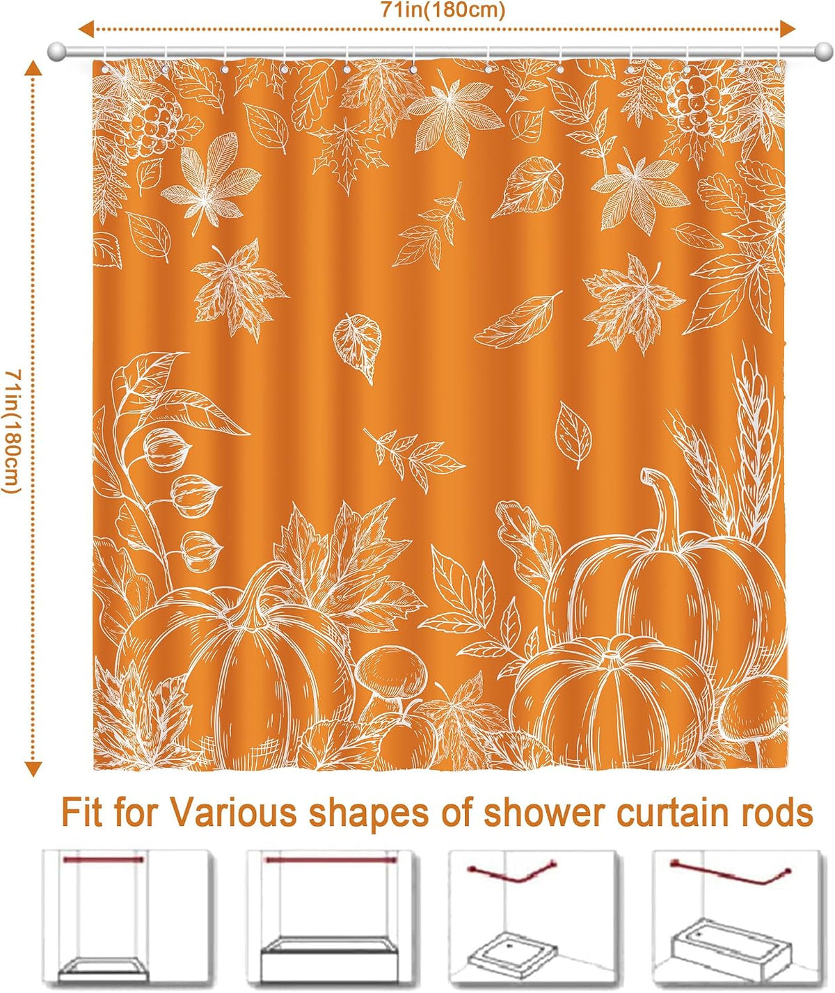 Fall Leaves Shower Curtain, Pumpkins Curtain for Bathroom, Happy Fall Yall Orange Autumn Waterproof Bath Curtains with Hooks for Decorations, 71x71 Inches