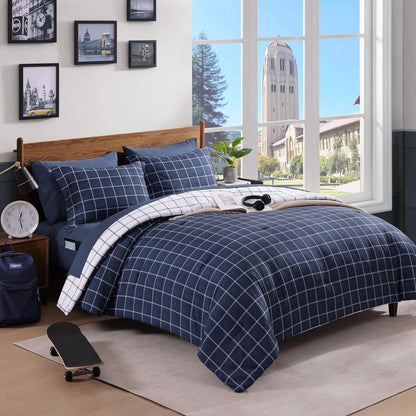 Plaid Full Size Comforter Set Blue Grey 7 Pieces Farmhouse Bed in a Bag