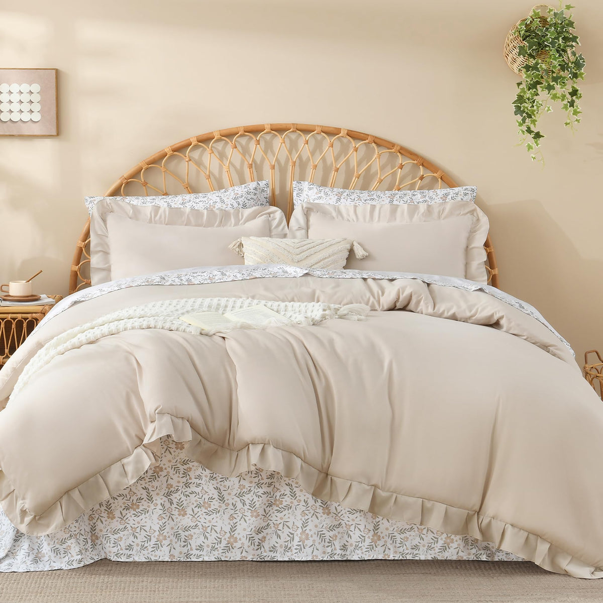 Litanika 7Pcs Full Ruffled Sage Green Comforter Set with Floral Sheets