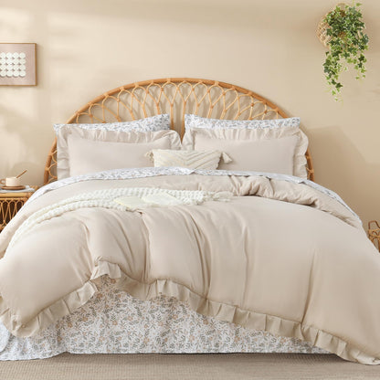Litanika 7Pcs Full Ruffled Sage Green Comforter Set with Floral Sheets
