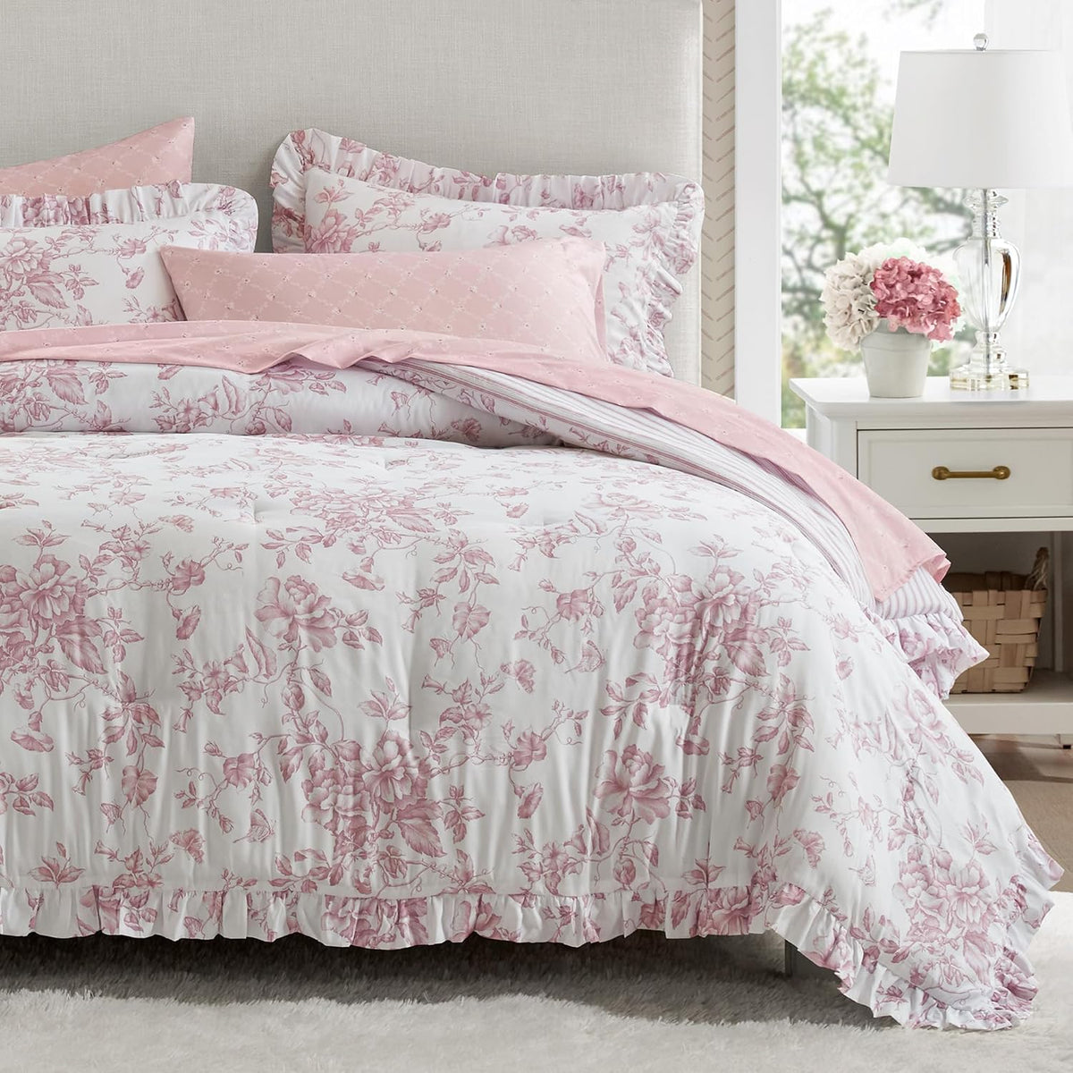 Madison Park Essentials Pink Floral Comforter Set with Sheets Twin XL,5pc