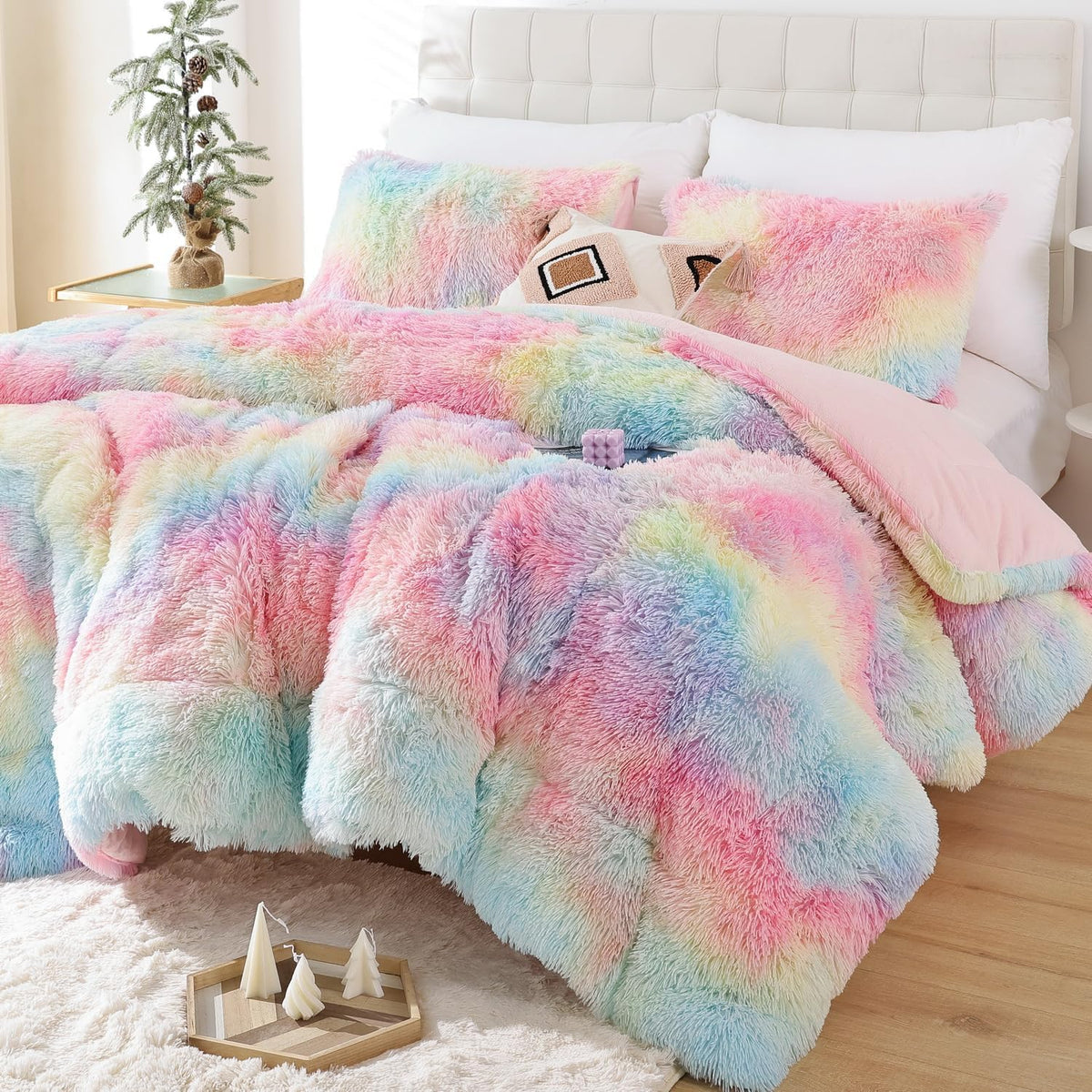 Smoofy Fluffy Queen Comforter Set, Faux Fur Pink Comforter Set 3 Pcs