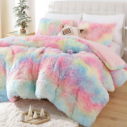 Smoofy Fluffy Queen Comforter Set, Faux Fur Pink Comforter Set 3 Pcs