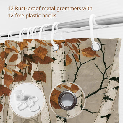 MEHOFOND Fall Birch Trees Shower Curtain Autumn Maple Leaves Shower Curtain Forest Nature Scenery Decor Fabric Bathroom Curtains with 12 Plastic Hooks 72x72 in
