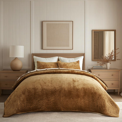 EverGrace Stripe Channel Luxury Velvet Quilt Set King Size, Beige Taupe