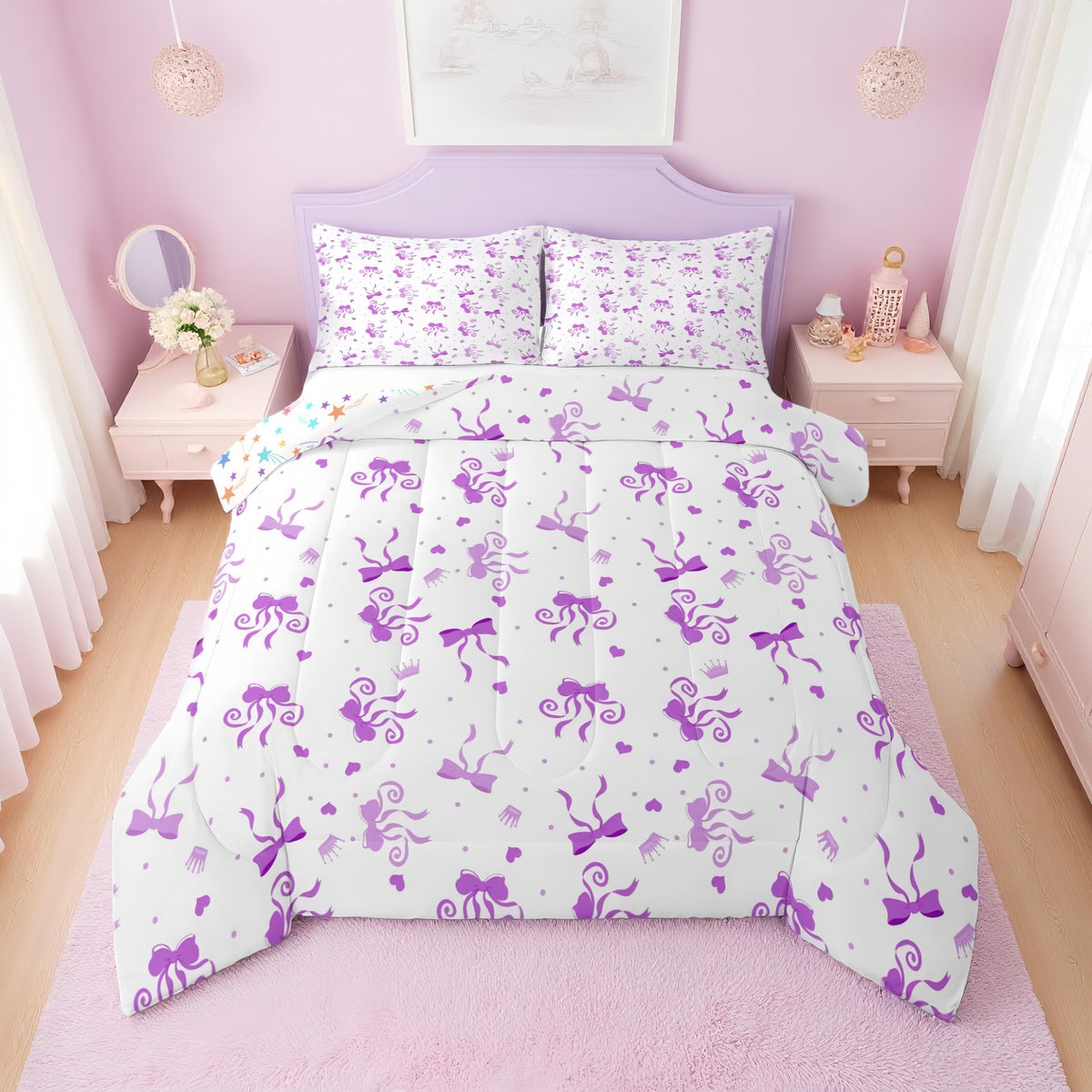 Erosebridal Cute Pink Bow Twin Bedding Set for Girls,Ribbon Bow Knot Comforter Set for Kids Kawaii Room Decor,Princess Bowknot Bed Set Girly Pink Bows Bedding Comforter Sets,1 Pillowcase