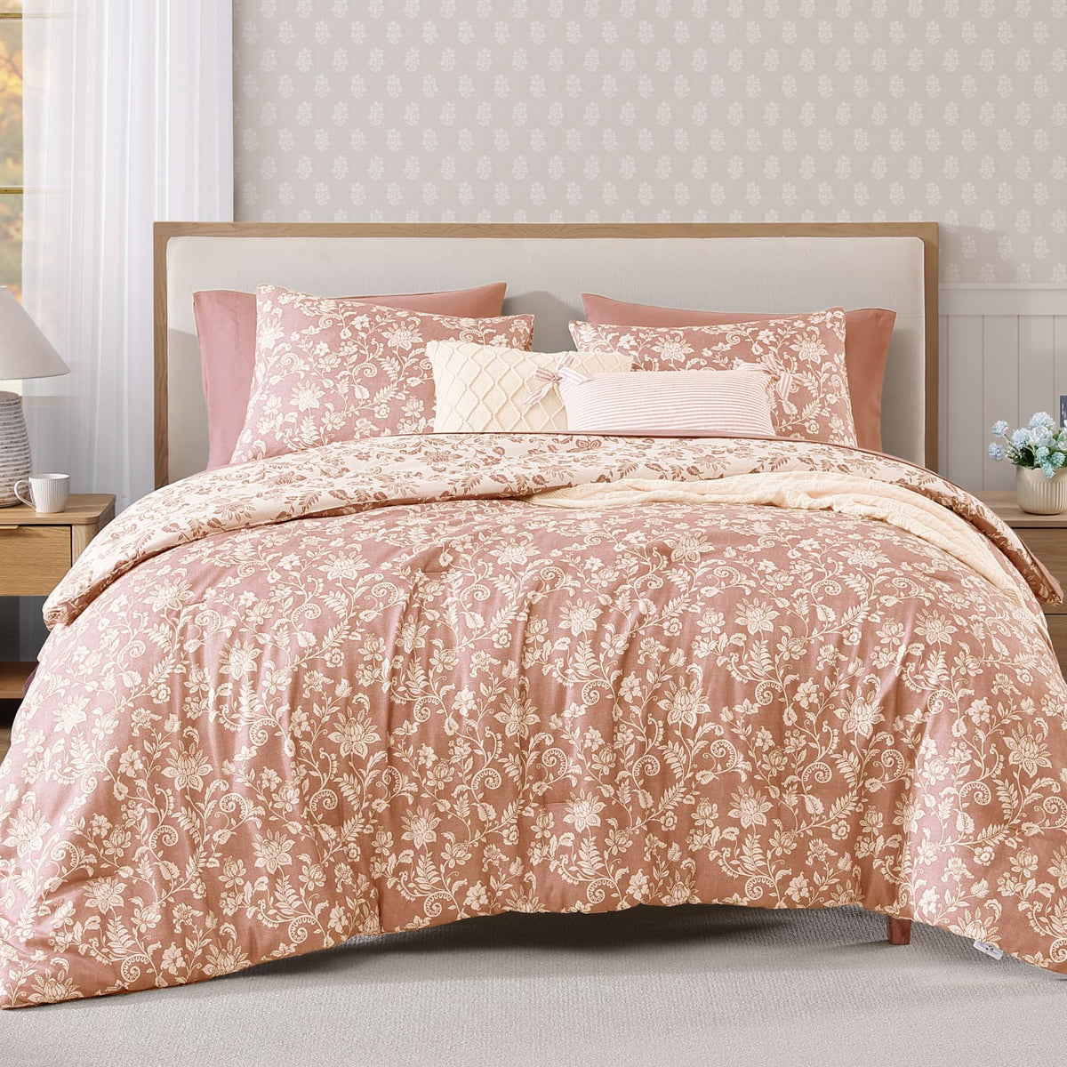 BLOOMHAVEN Queen Comforter Set-7 Pieces Blue Floral Bed in a Bag Queen