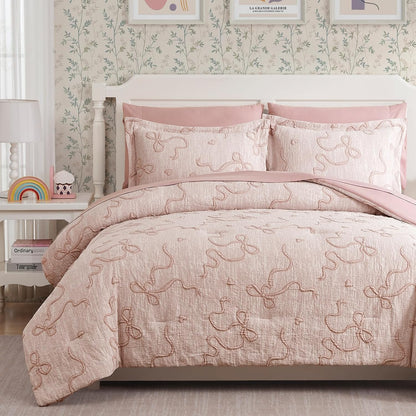 Full Size Comforter Sets for Girls - 7 Pieces Pink Bedding Bow Bed in a Bag