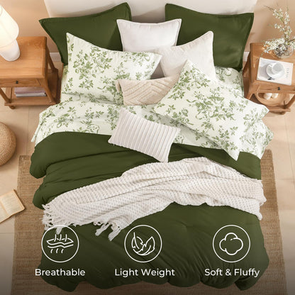 Litanika Floral Queen Comforter Set, 7 Peices Olive Green Bed in a Bag